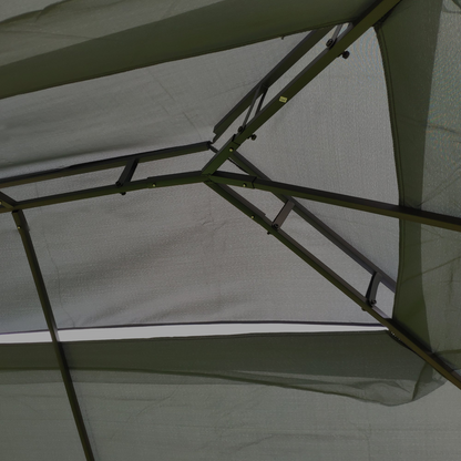 Gray metal outdoor gazebo canopy with roof and storage, ideal for patio and outdoor living spaces.