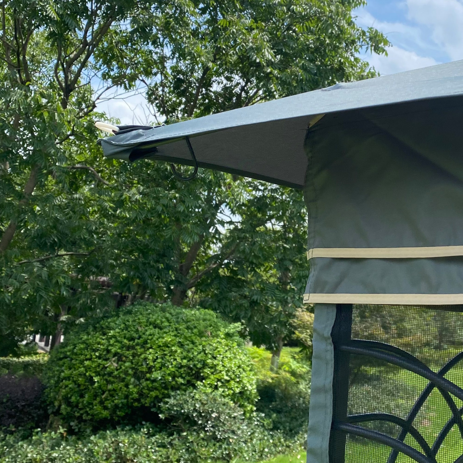 Gray metal outdoor gazebo canopy with roof and storage, ideal for patio and outdoor living spaces by Start2Finish.