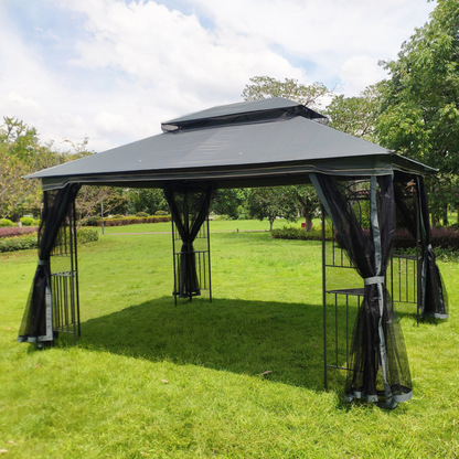 Gray metal outdoor gazebo canopy with roof and storage, ideal for patio and outdoor living spaces by Start2Finish.