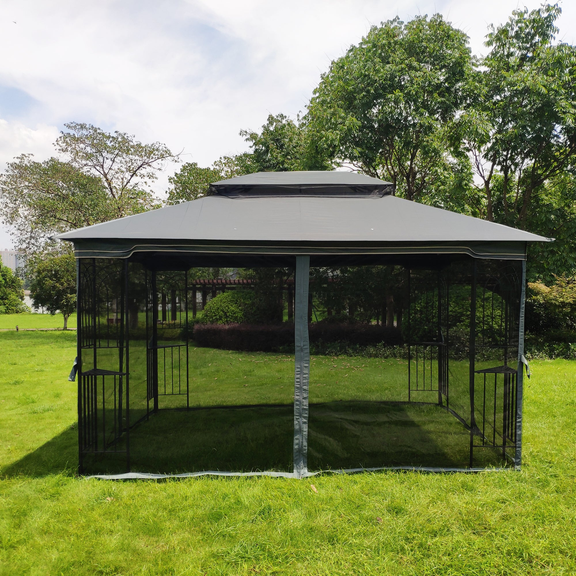 Gray metal outdoor gazebo canopy with roof and storage, ideal for patio and outdoor living spaces, by Start2Finish.