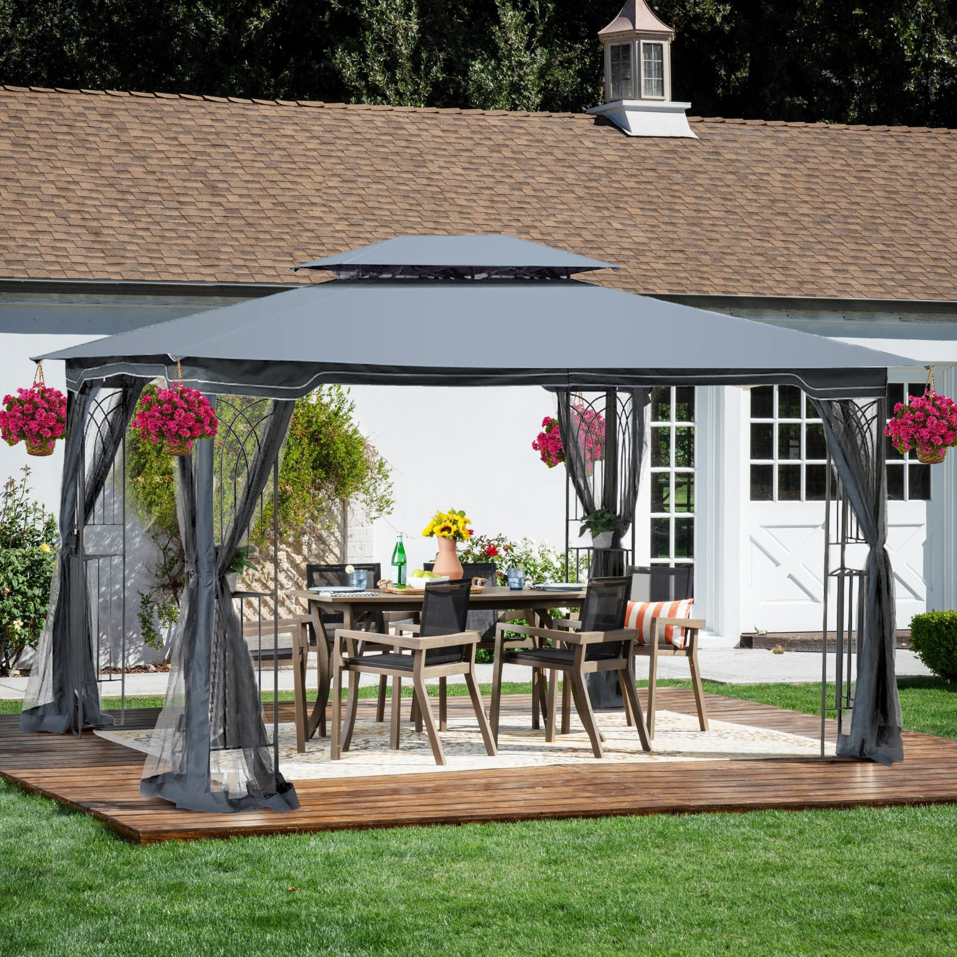 Gray metal outdoor gazebo canopy with roof and storage, ideal for patio and outdoor living spaces.