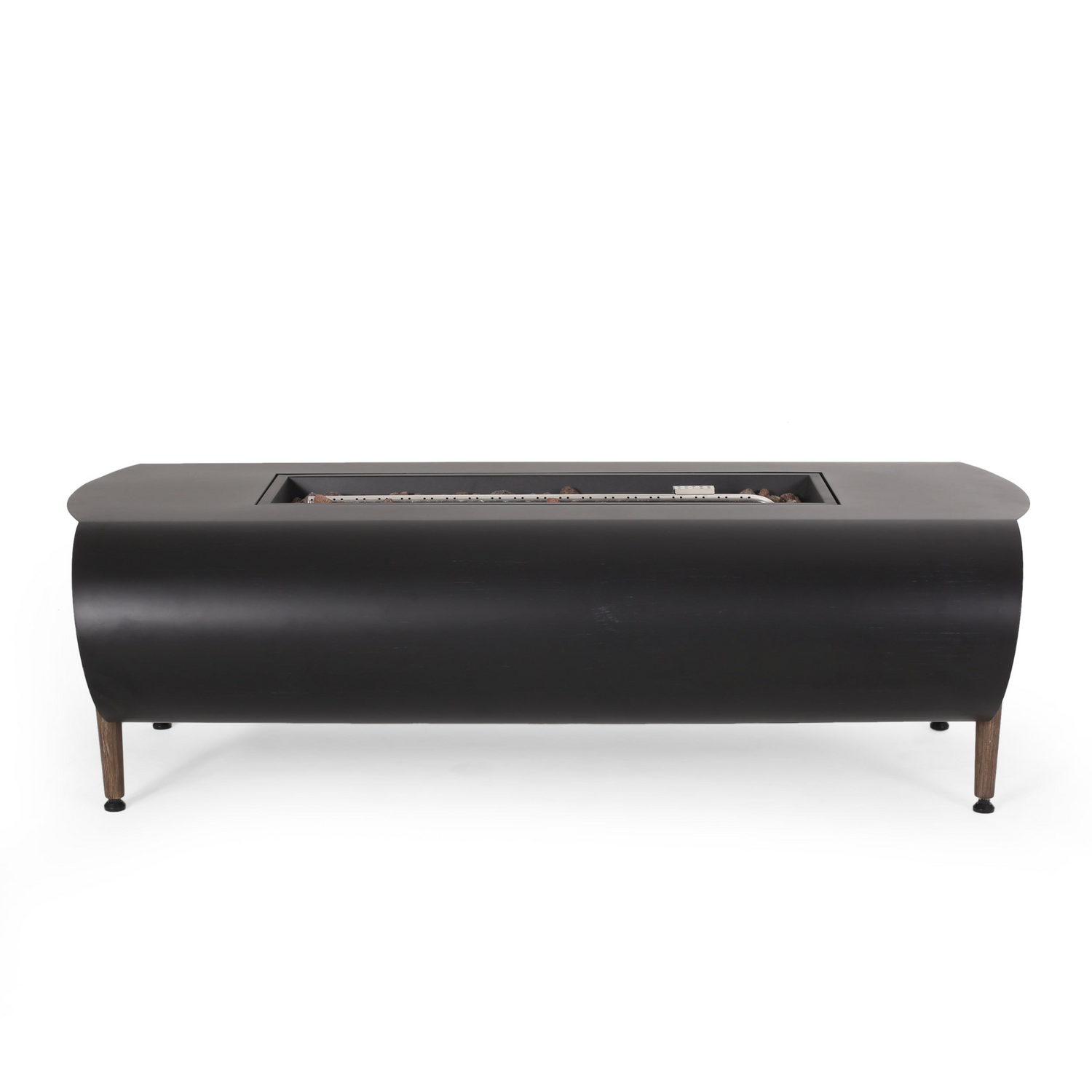 Dark gray iron fire pit table with tank holder, ideal for outdoor patios and living spaces.