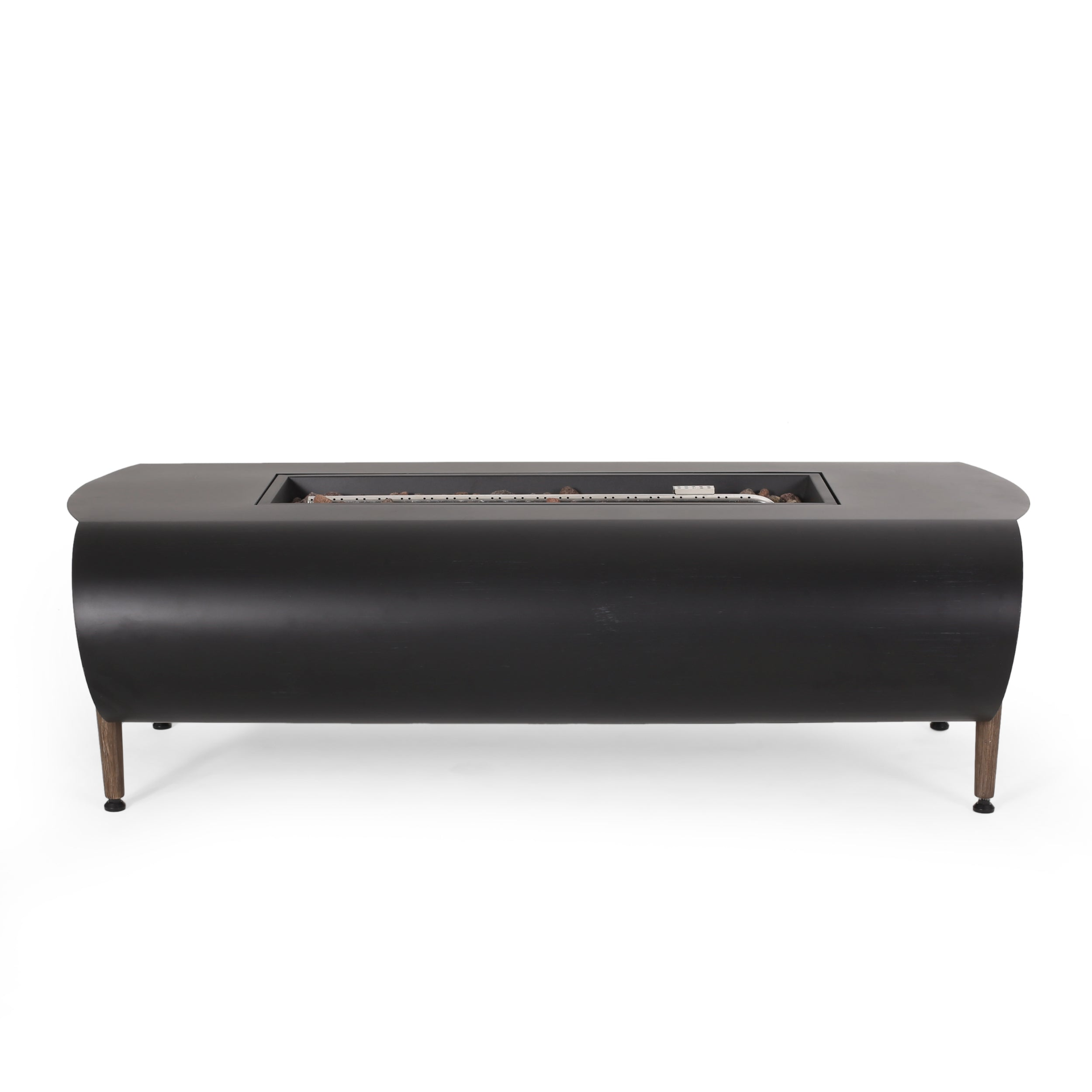Dark gray iron fire pit table with tank holder, ideal for outdoor patios and living spaces.