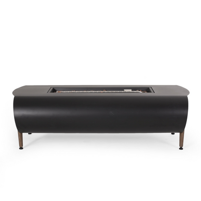 Dark gray iron fire pit table with tank holder, ideal for outdoor patios and living spaces.