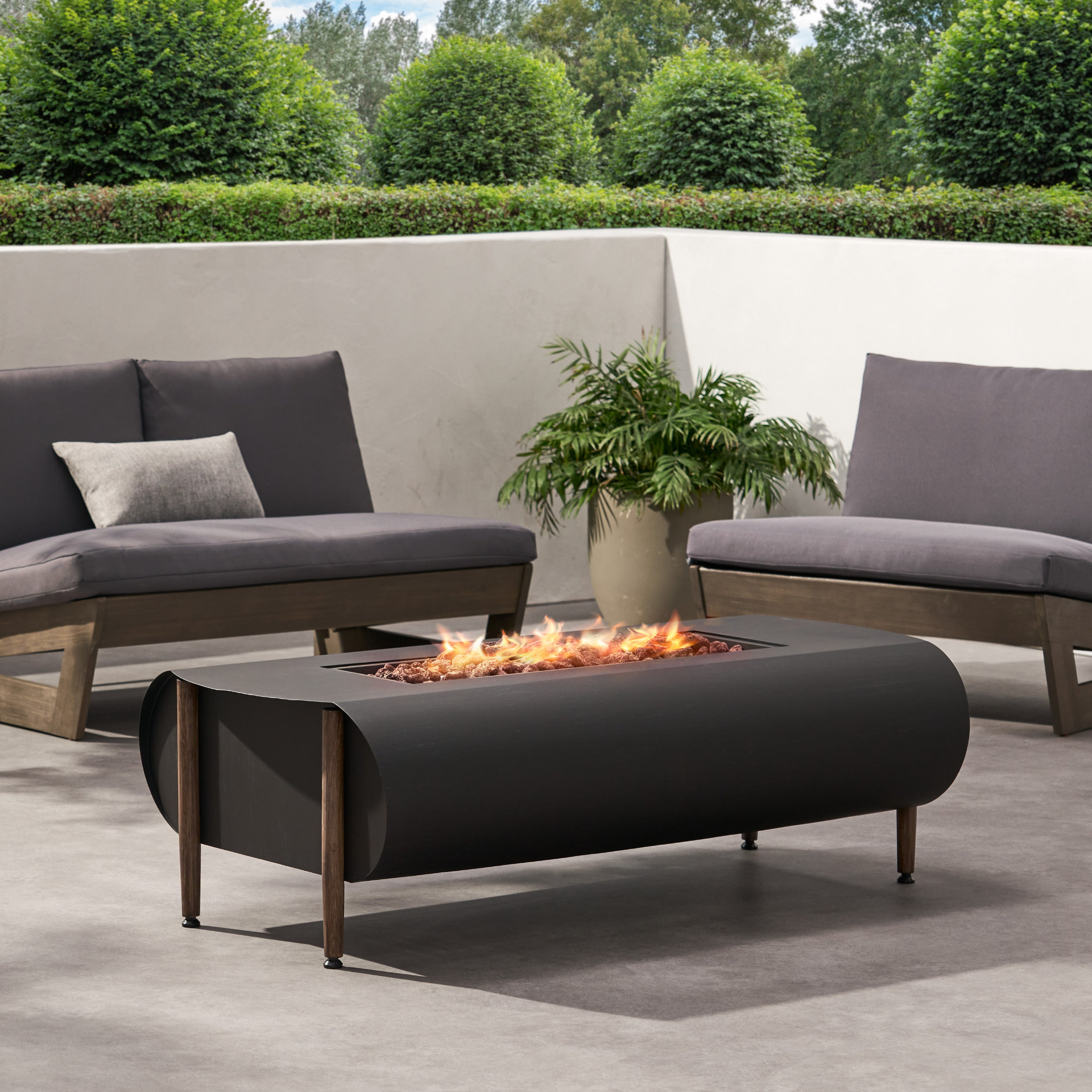 Dark gray iron fire pit table with tank holder for patio and outdoor living by Start2Finish, featuring a spacious circular tabletop.