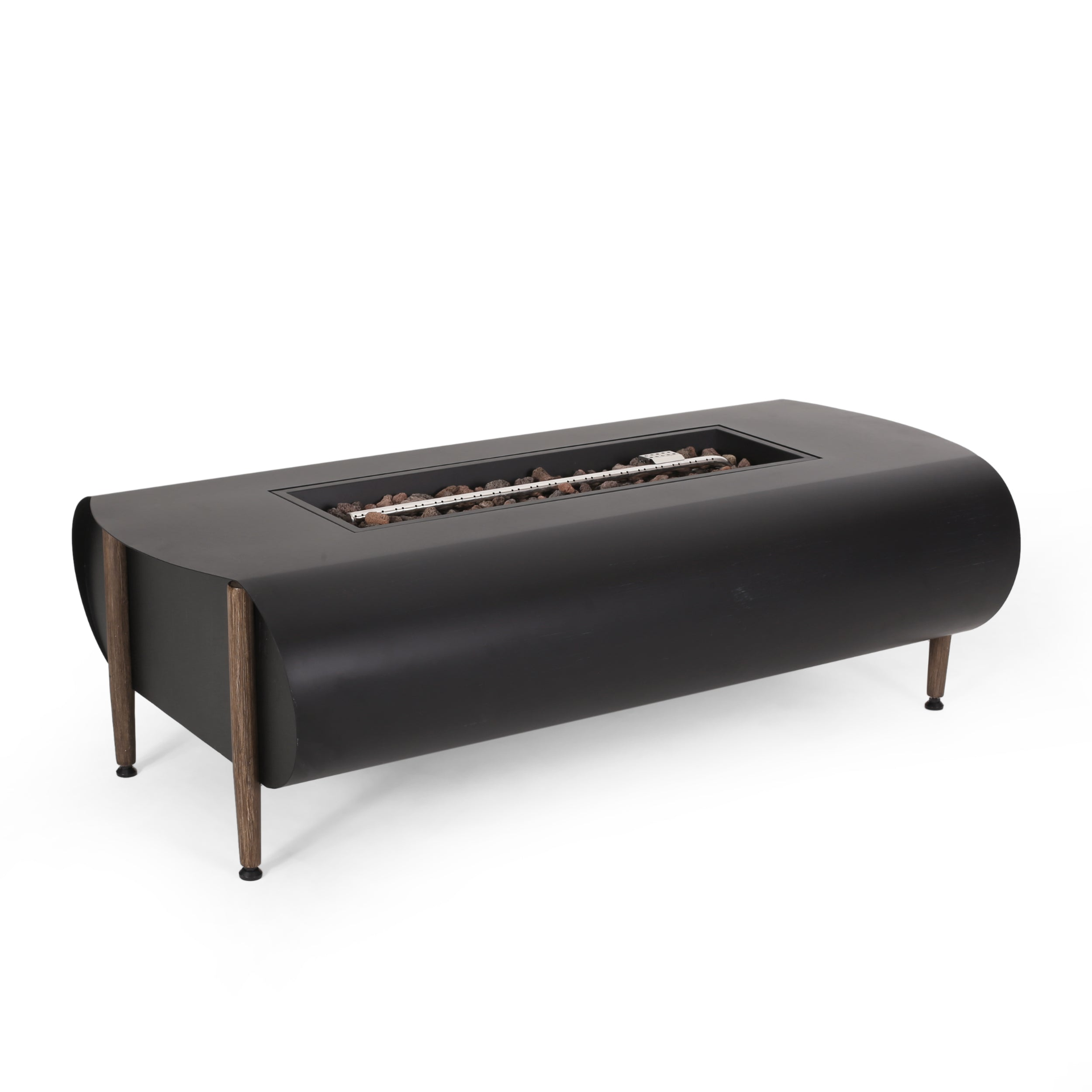 Dark gray iron fire pit table with tank holder, ideal for patio and outdoor living spaces, by Start2Finish.