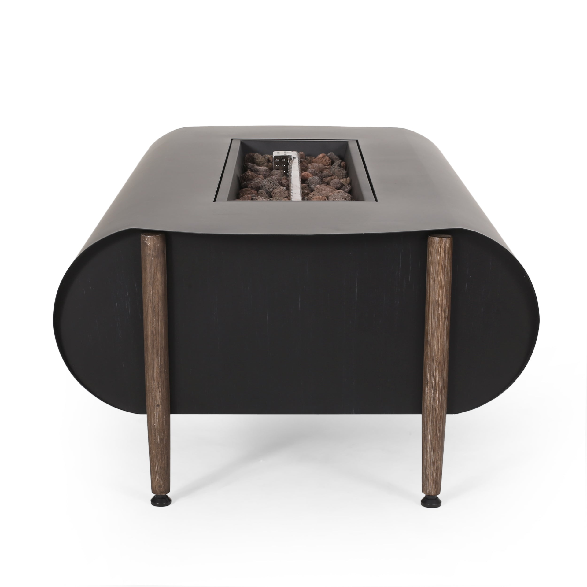Dark gray iron fire pit table with built-in tank holder, ideal for outdoor patio and living spaces.
