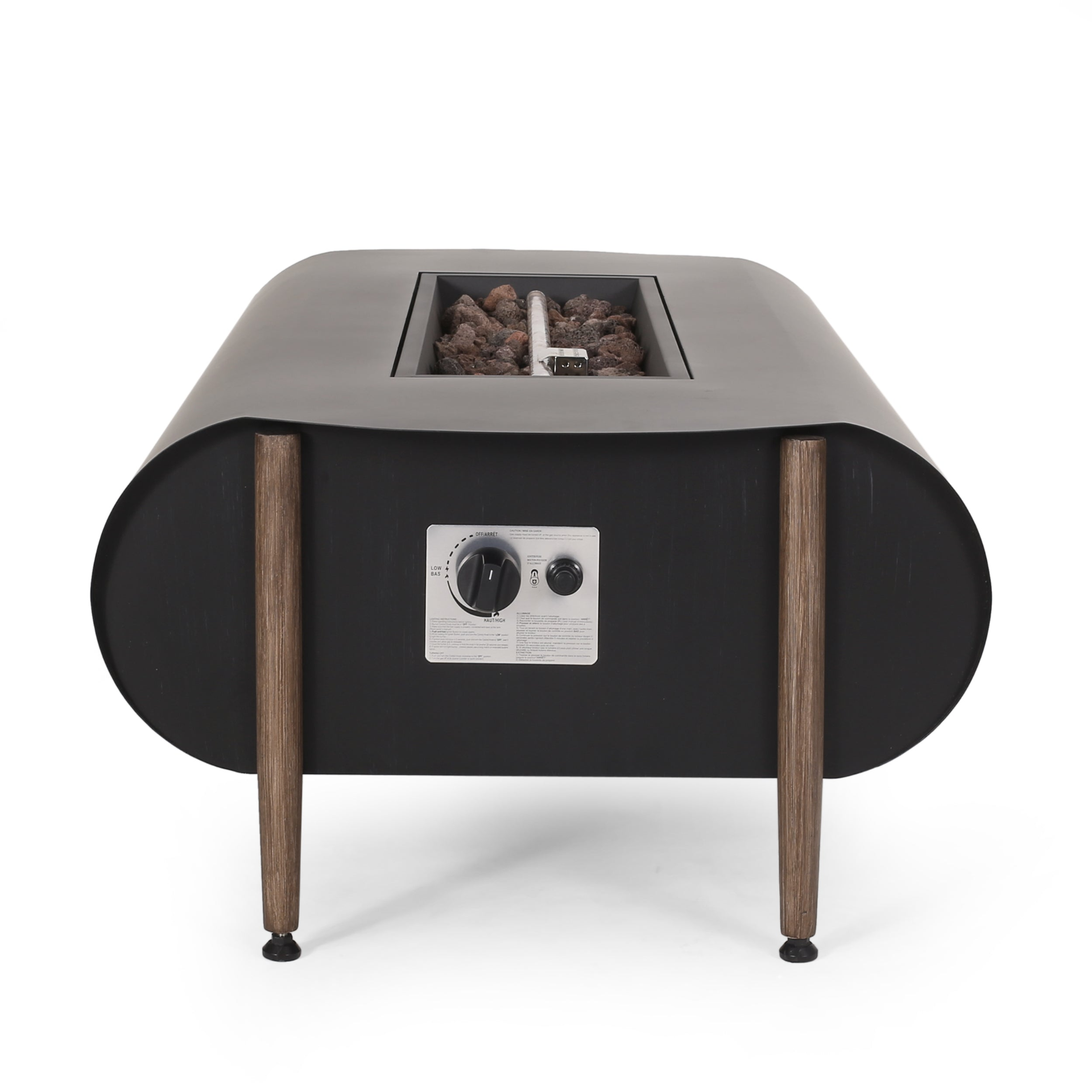 Dark gray iron fire pit table with tank holder for outdoor patio living, designed by Start2Finish.