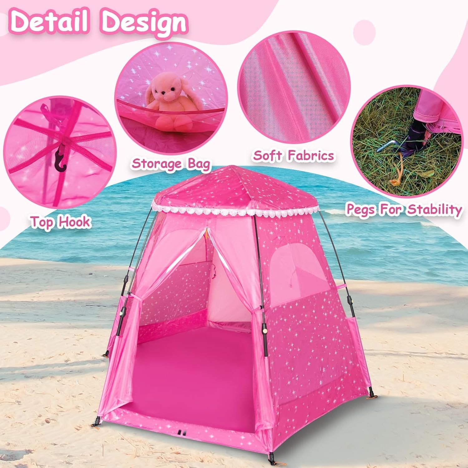 Kids Peach Maple princess castle play tent, 78x66 inches, colorful fabric playhouse with castle tower design for children.