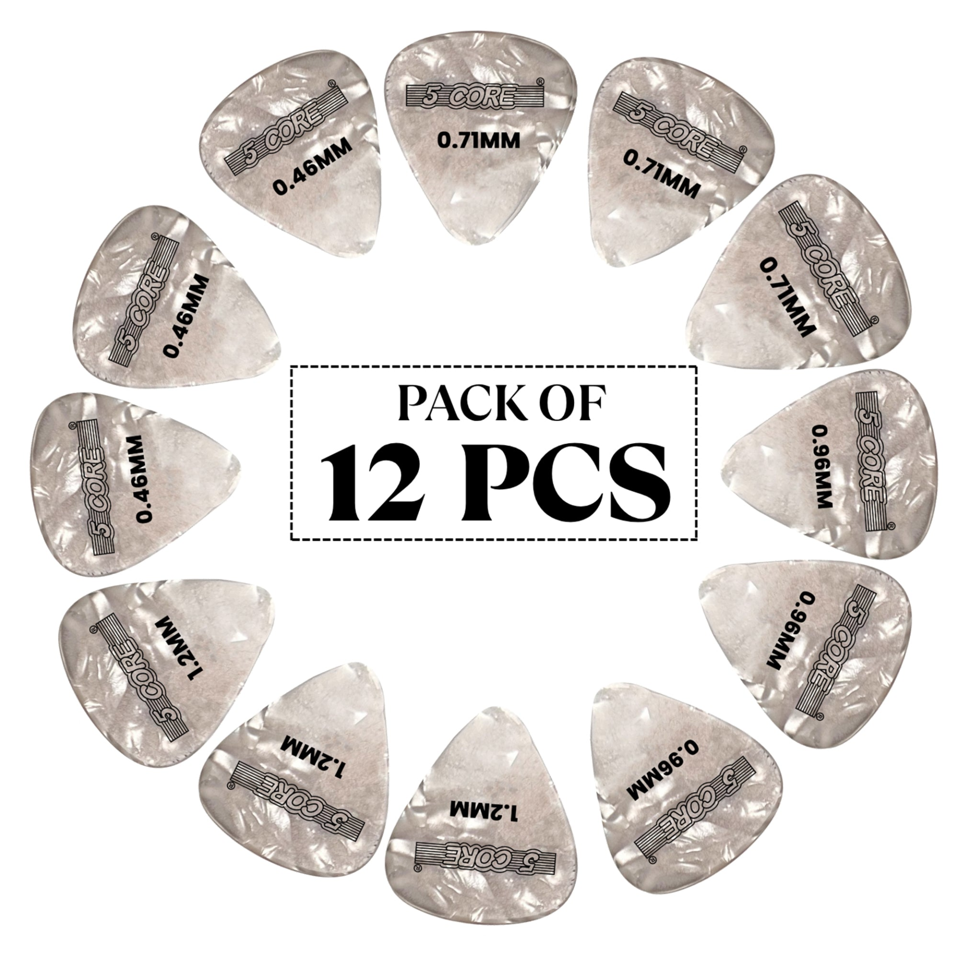Start2Finish 12-pack guitar picks with light to extra heavy celluloid material, suitable for acoustic and electric guitars.