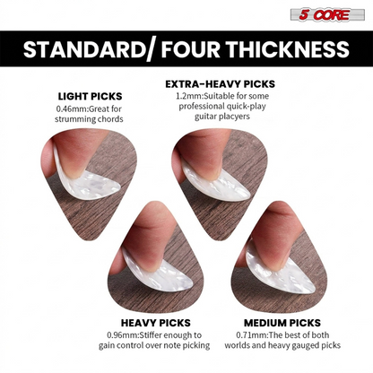 Set of 12 Start2Finish guitar picks in various thicknesses including light, medium, heavy, and extra heavy for acoustic and electric guitars.