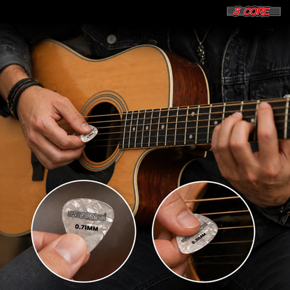 Set of 12 Start2Finish 5 Core guitar picks in various thicknesses, including light, medium, heavy, and extra heavy, for acoustic and electric guitars.