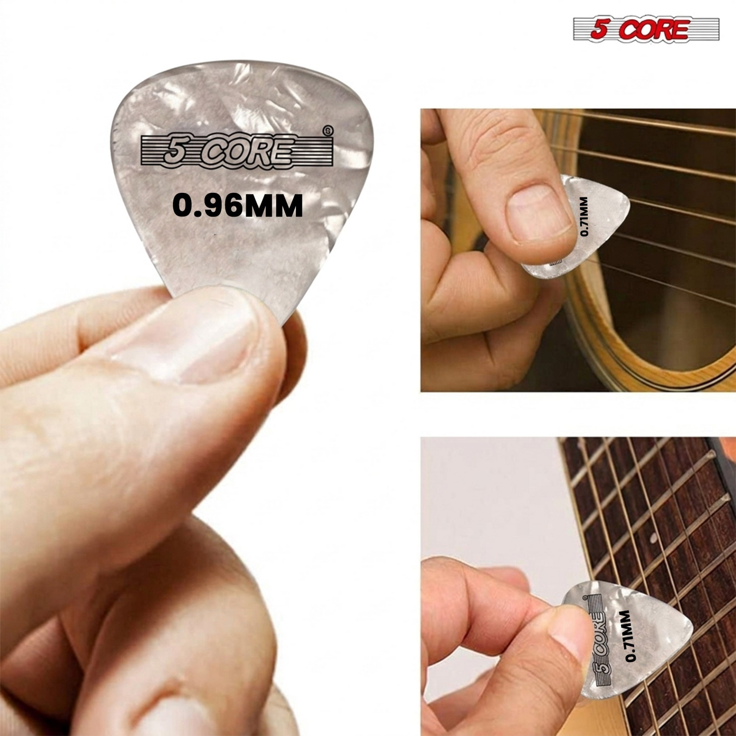 Set of 12 Start2Finish guitar picks in various sizes, including light, medium, heavy, and extra heavy for acoustic and electric guitars.