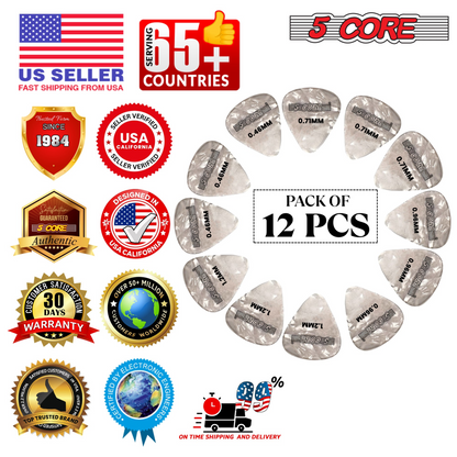 Set of 12 Start2Finish 5 core guitar picks in light, medium, heavy, and extra heavy for acoustic and electric guitars.