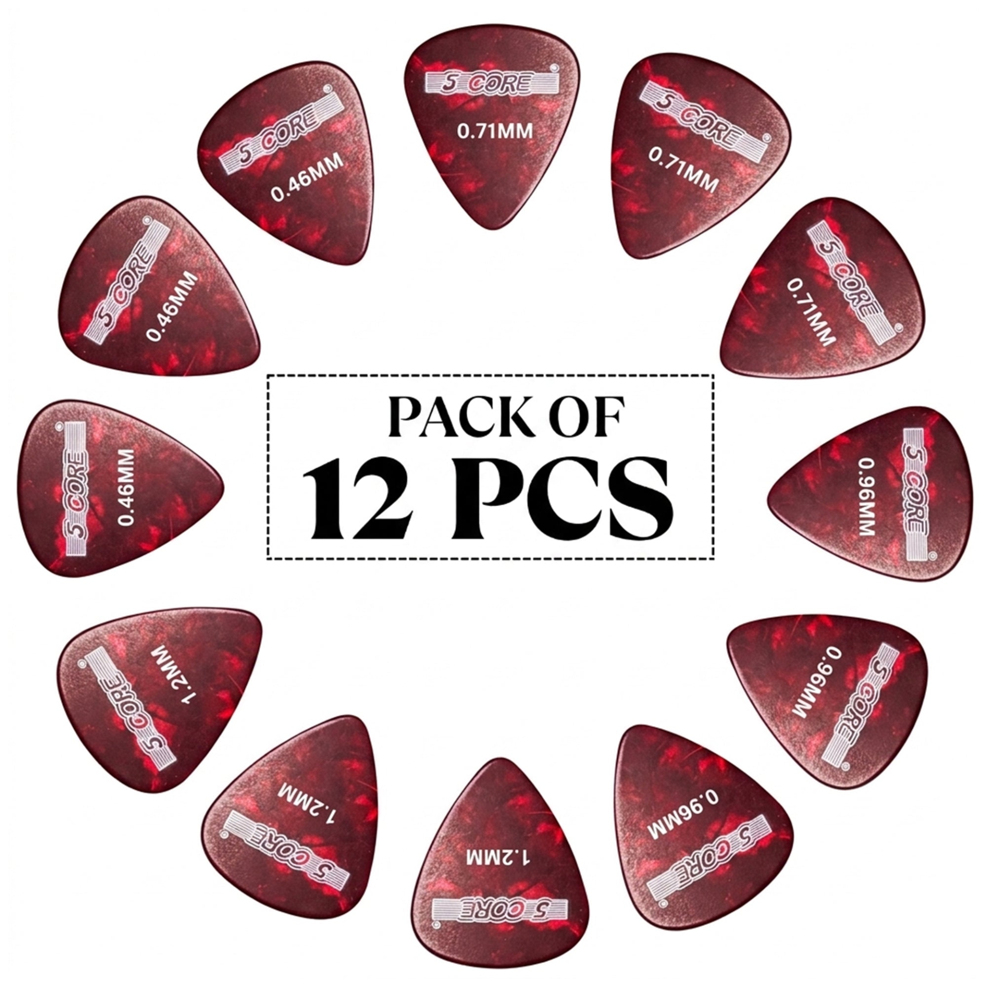 Start2Finish 12-piece set of 5 core guitar picks in light to extra heavy celluloid, suitable for acoustic and electric guitars.