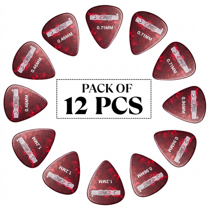 Start2Finish 12-piece set of 5 core guitar picks in light to extra heavy celluloid, suitable for acoustic and electric guitars.
