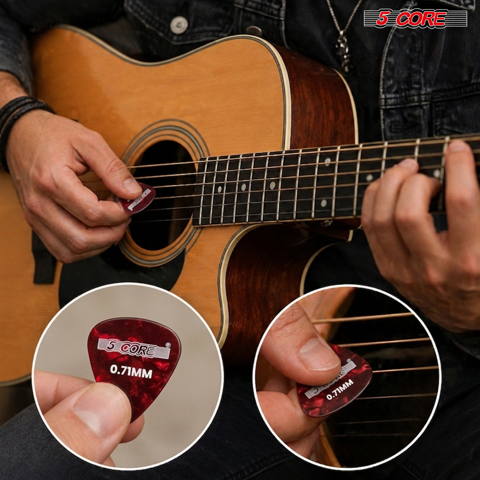 Set of 12 Start2Finish 5 Core guitar picks in various thicknesses for acoustic and electric guitars, made of celluloid.