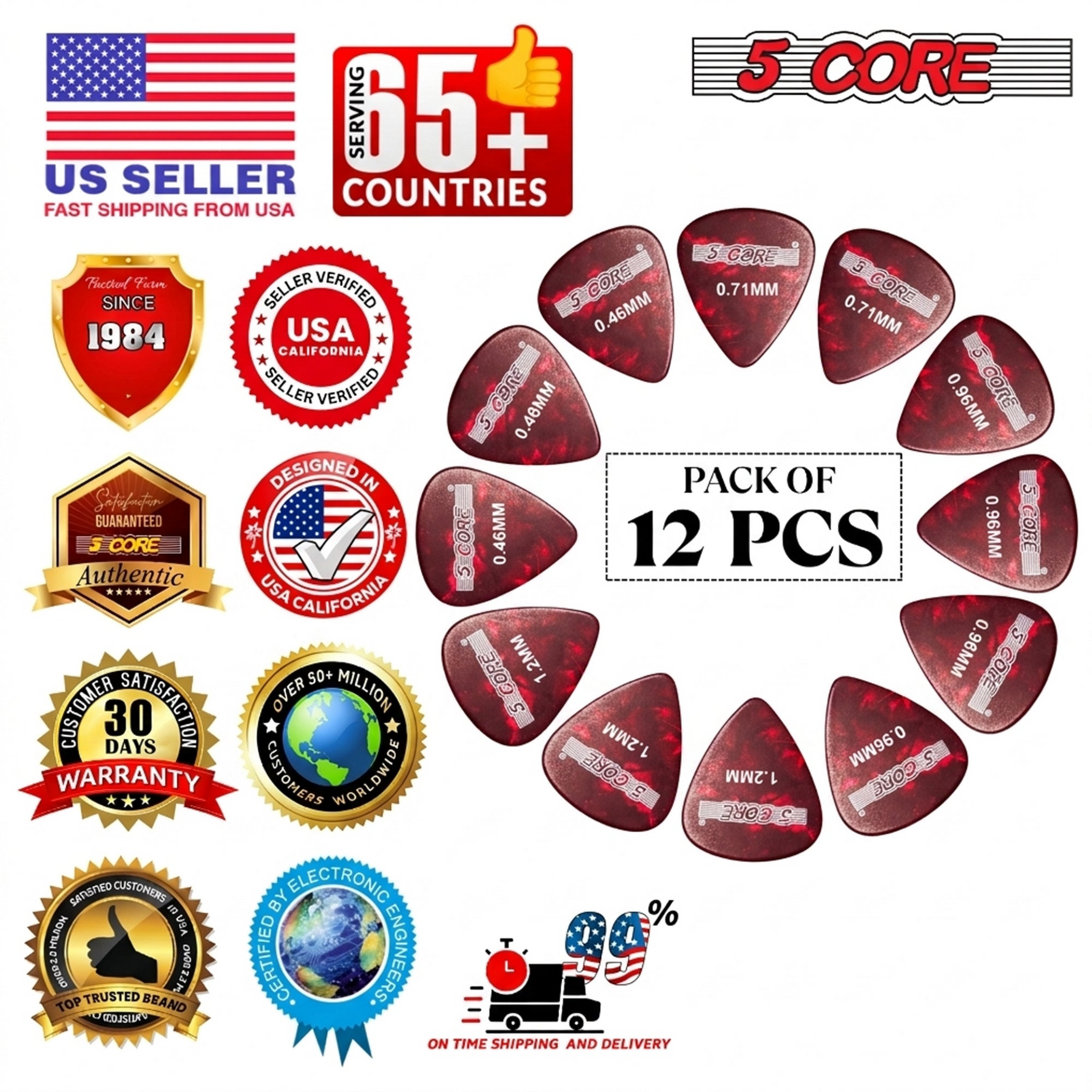 Set of 12 Start2Finish guitar picks in various thicknesses, including light, medium, heavy, and extra heavy, for acoustic and electric guitars.