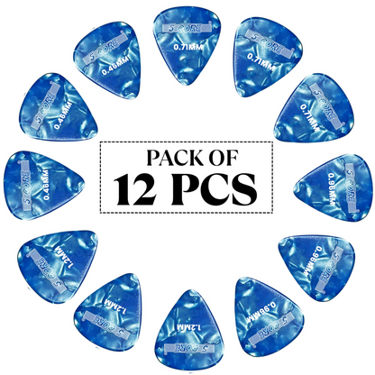 Set of 12 Start2Finish 5 core guitar picks in light, medium, heavy, and extra heavy celluloid for acoustic and electric guitars