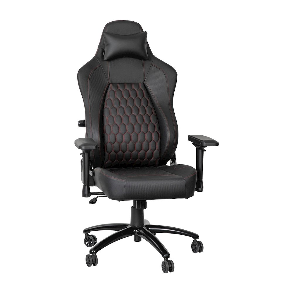 Black Start2Finish gaming chair with high back, red stitching, and 4D adjustable armrests, featuring ergonomic design and cushioned seat.
