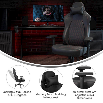 Black high back gaming chair with red stitching, featuring 4D adjustable armrests and ergonomic design from Start2Finish furniture.