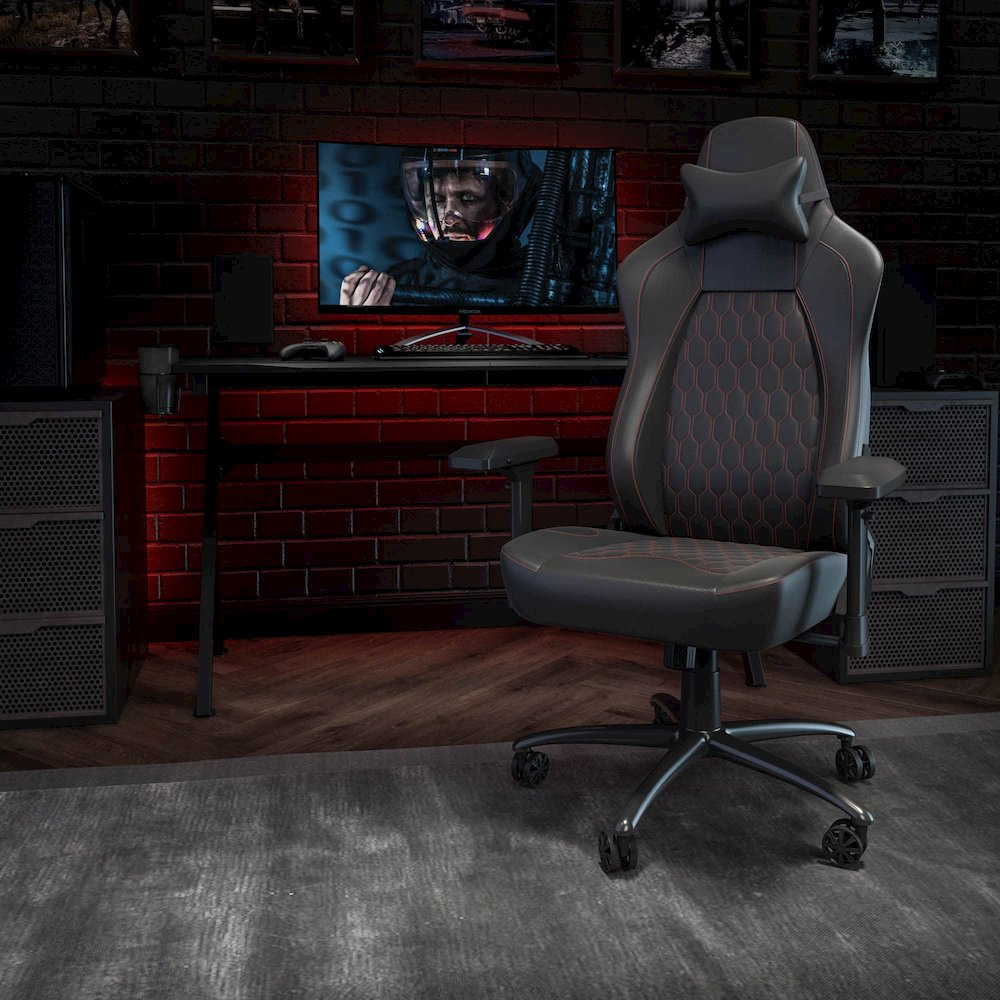 Black high back gaming chair with red stitching and 4D armrests, ergonomic furniture by Start2Finish.