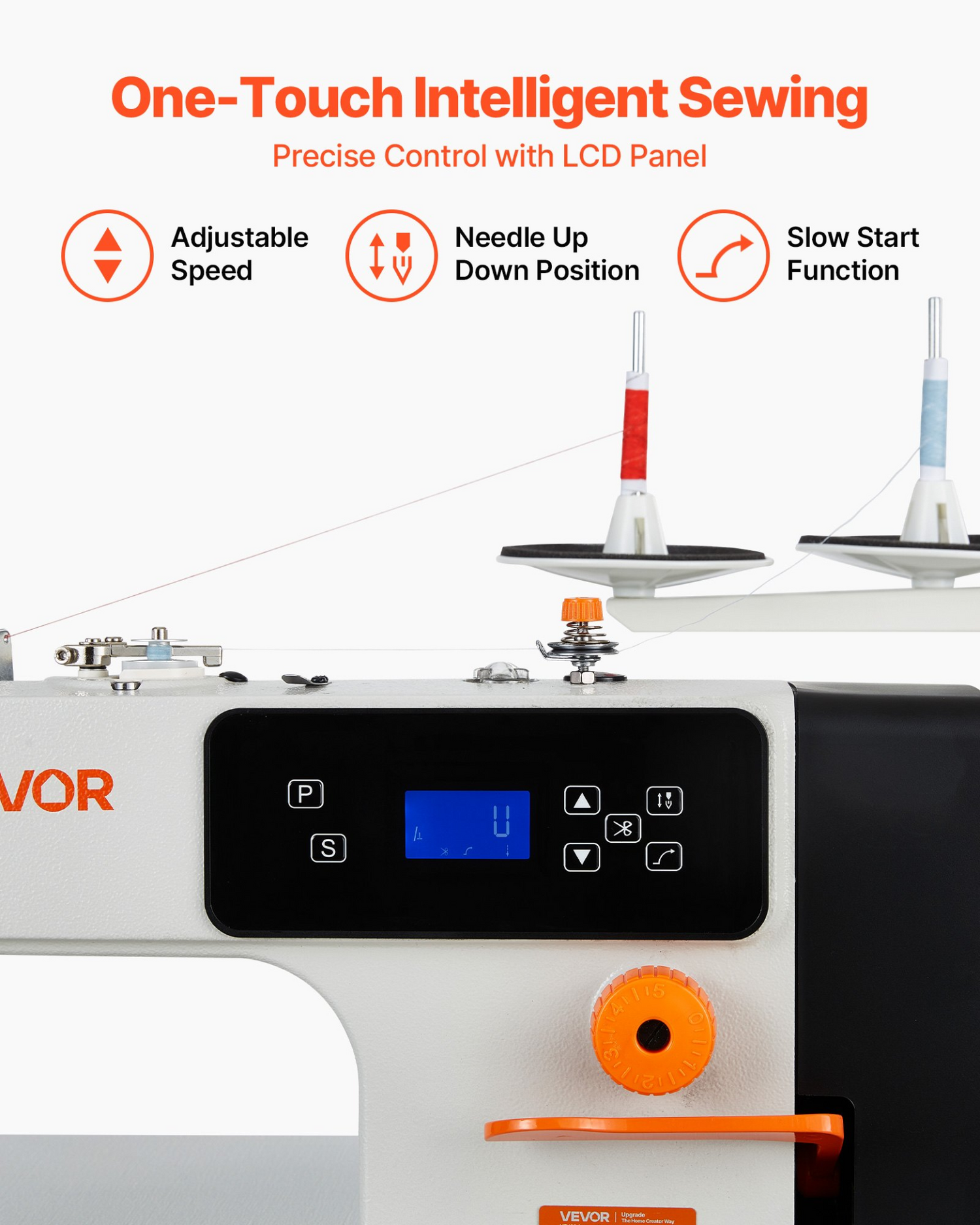 Start2Finish VEVOR industrial sewing machine with LCD panel, LED light, servo motor, metal frame, and table stand for heavy-duty sewing.