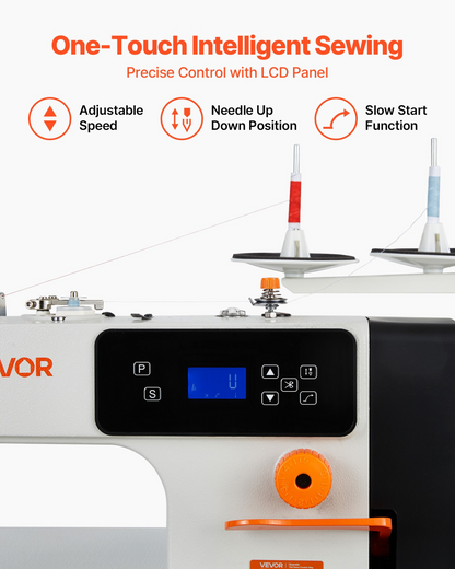 Start2Finish VEVOR industrial sewing machine with LCD panel, LED light, servo motor, metal frame, and table stand for heavy-duty sewing.