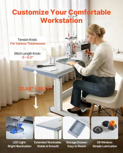 Start2Finish VEVOR industrial sewing machine with LCD panel, LED light, metal frame, servo motor, and high-speed lockstitch for heavy fabrics.