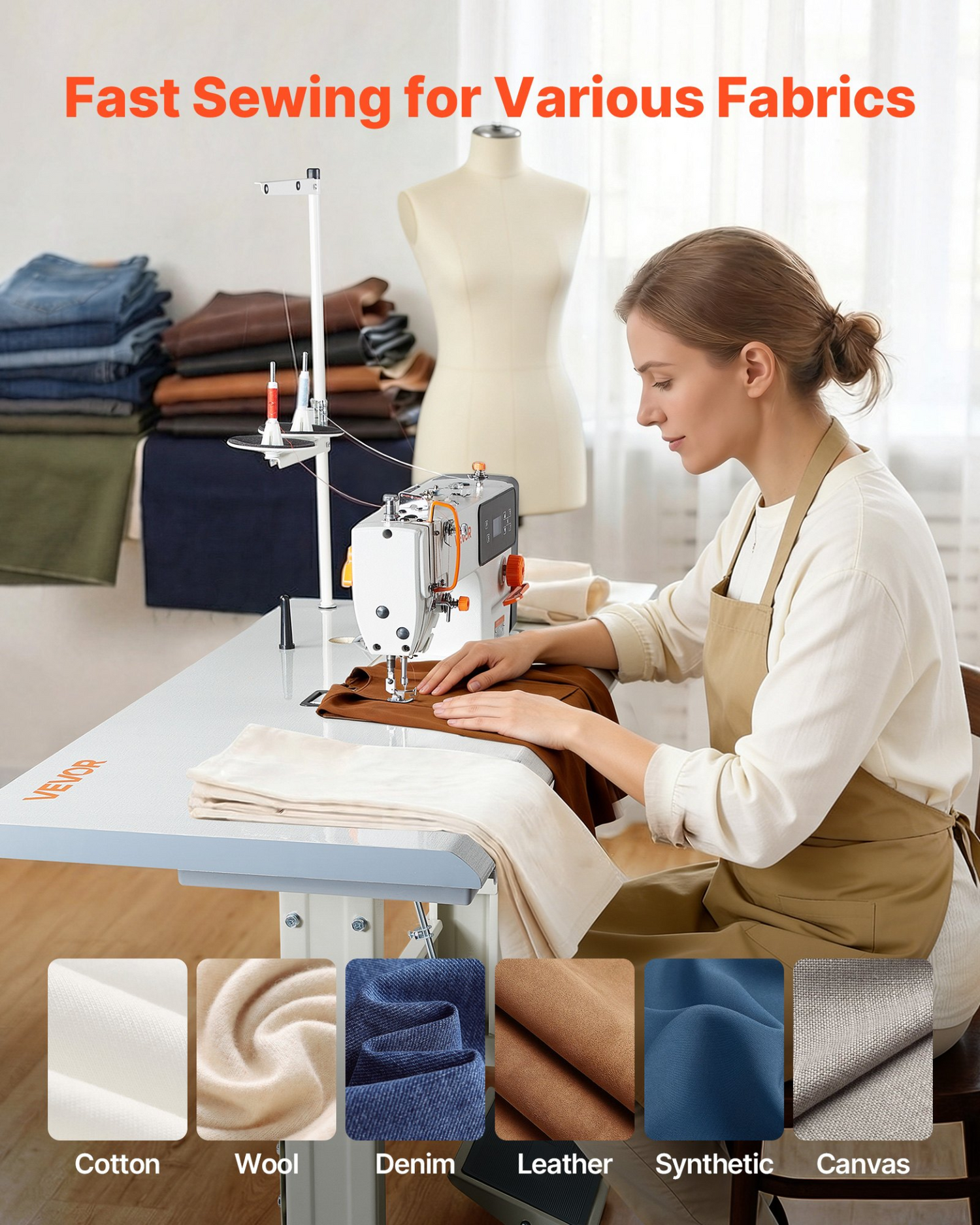 Start2Finish VEVOR industrial sewing machine with LCD panel, LED light, servo motor, metal frame, and table stand for high-speed sewing.