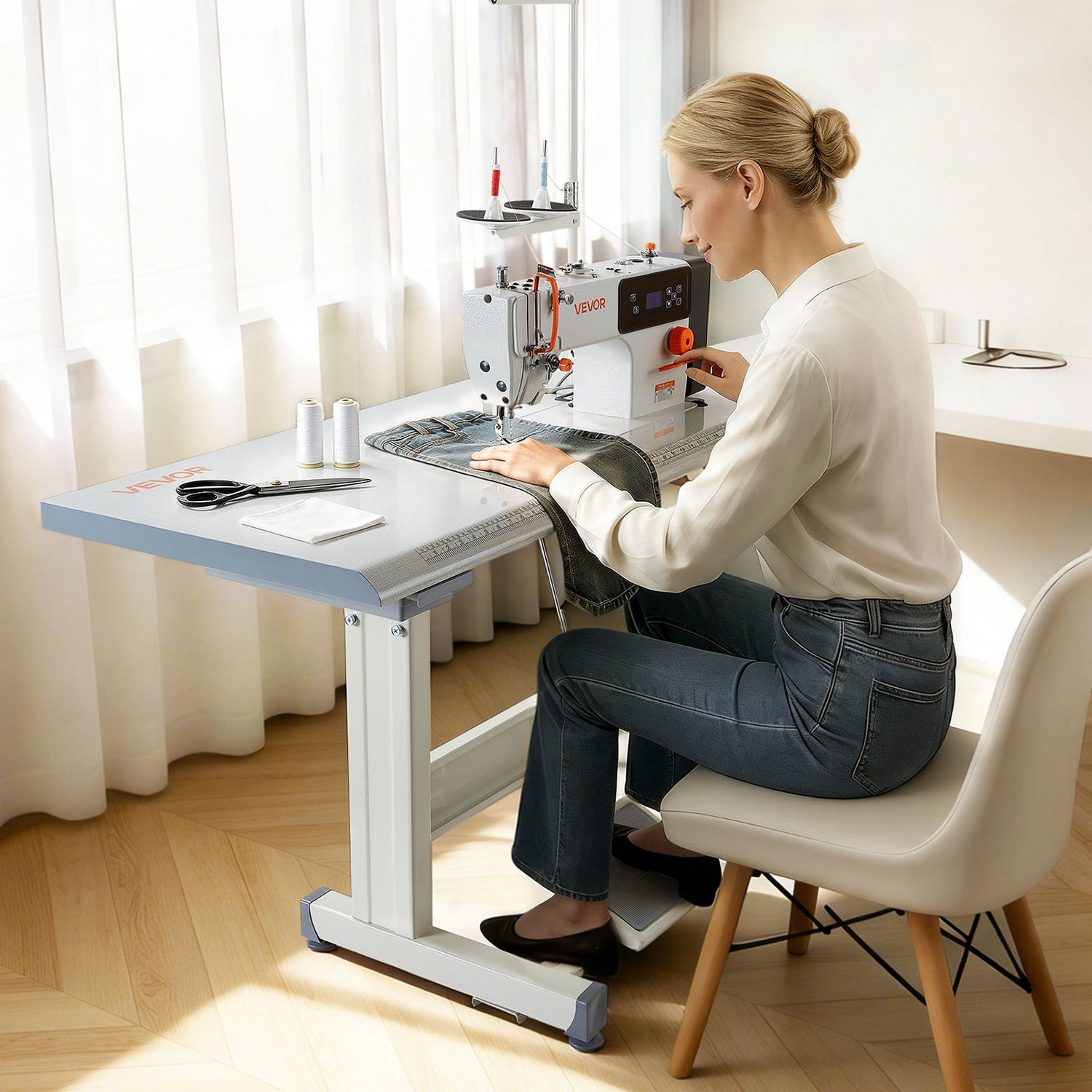 Start2Finish VEVOR industrial sewing machine with LCD panel, LED light, metal frame, servo motor, and table stand for heavy-duty sewing.