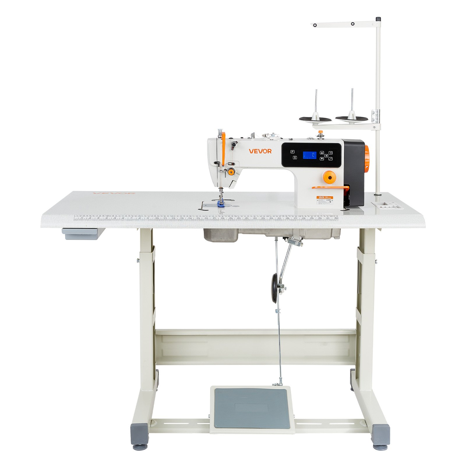 Start2Finish VEVOR industrial sewing machine with LCD panel, LED light, servo motor, metal frame, and table stand for heavy-duty sewing.