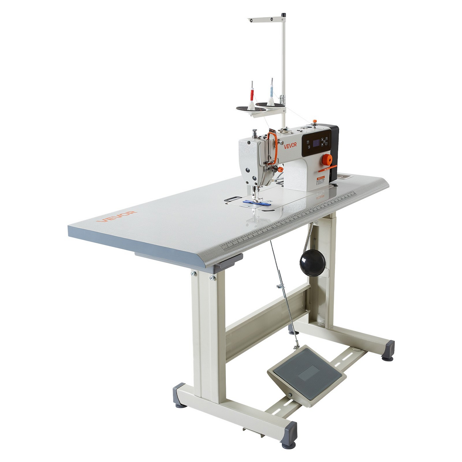 Start2Finish VEVOR industrial sewing machine with servo motor, LCD panel, LED light, metal frame, and table stand for heavy-duty sewing.