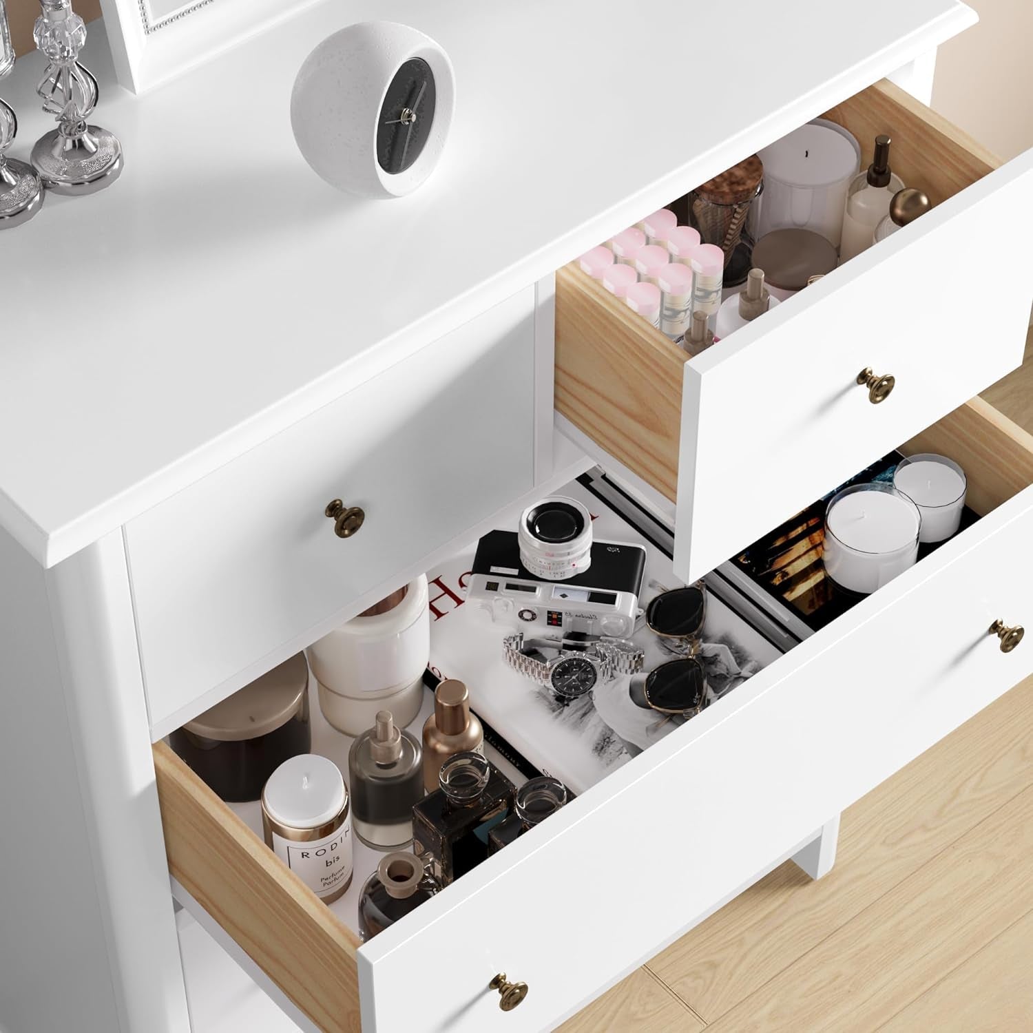 White Peach Maple five-drawer bedroom dresser with sleek handles, ideal for organized bedroom storage and furniture decor.