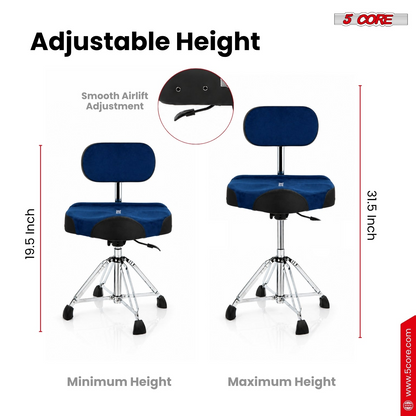 Start2Finish 5 core drum throne with backrest, padded seat, airlift adjustable height, suitable for drummers and musicians