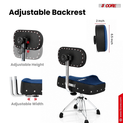 Start2Finish 5 core drum throne with backrest, padded seat, and airlift adjustable height for comfortable drumming sessions.