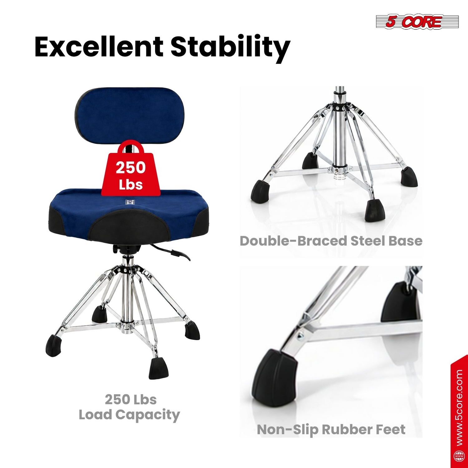 Start2Finish 5 Core Drum Throne with backrest, padded 4-inch seat, airlift adjustable drum stool for musicians.