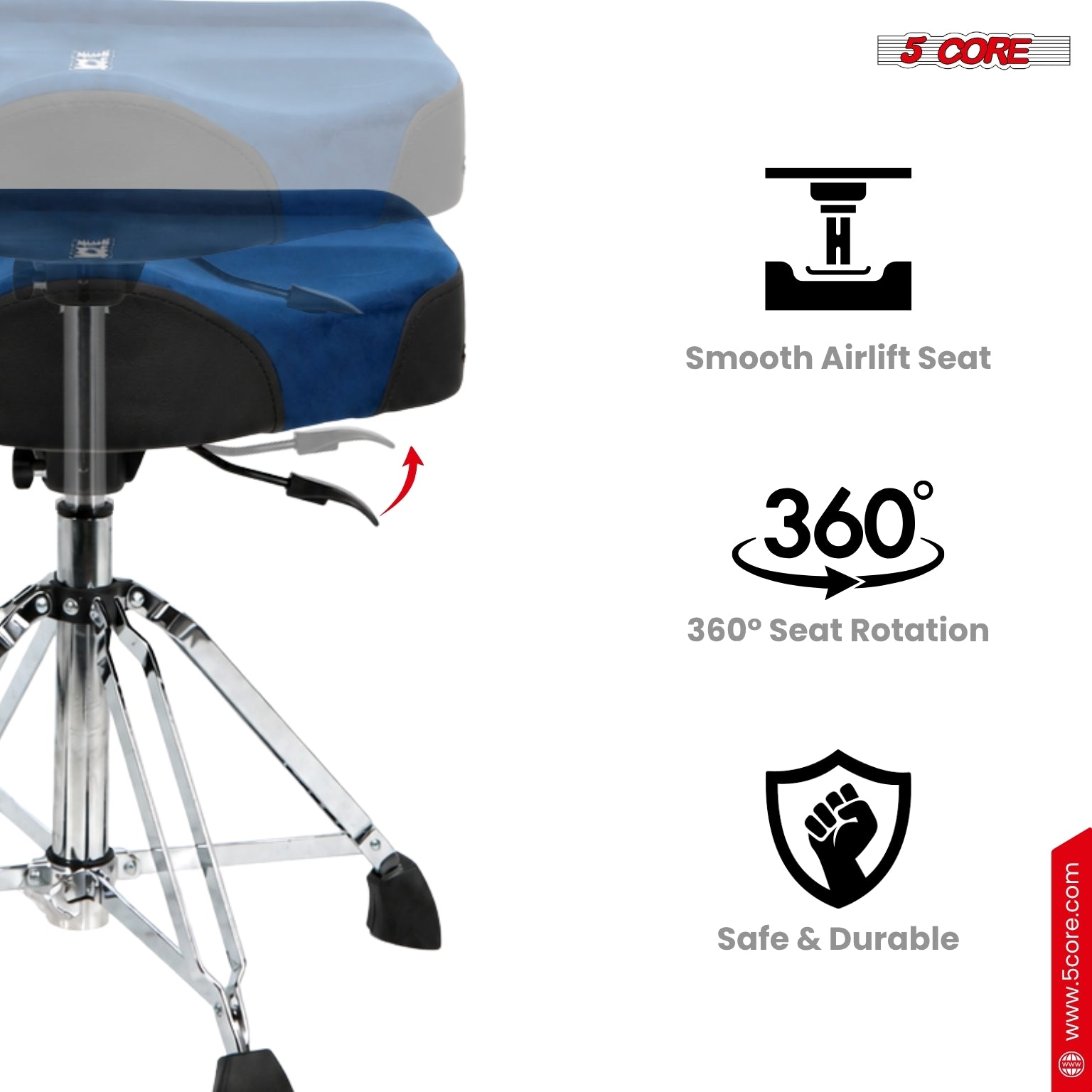 Start2Finish 5-core drum throne with backrest, padded seat, airlift adjustable height, ideal for drummers and musical instruments.