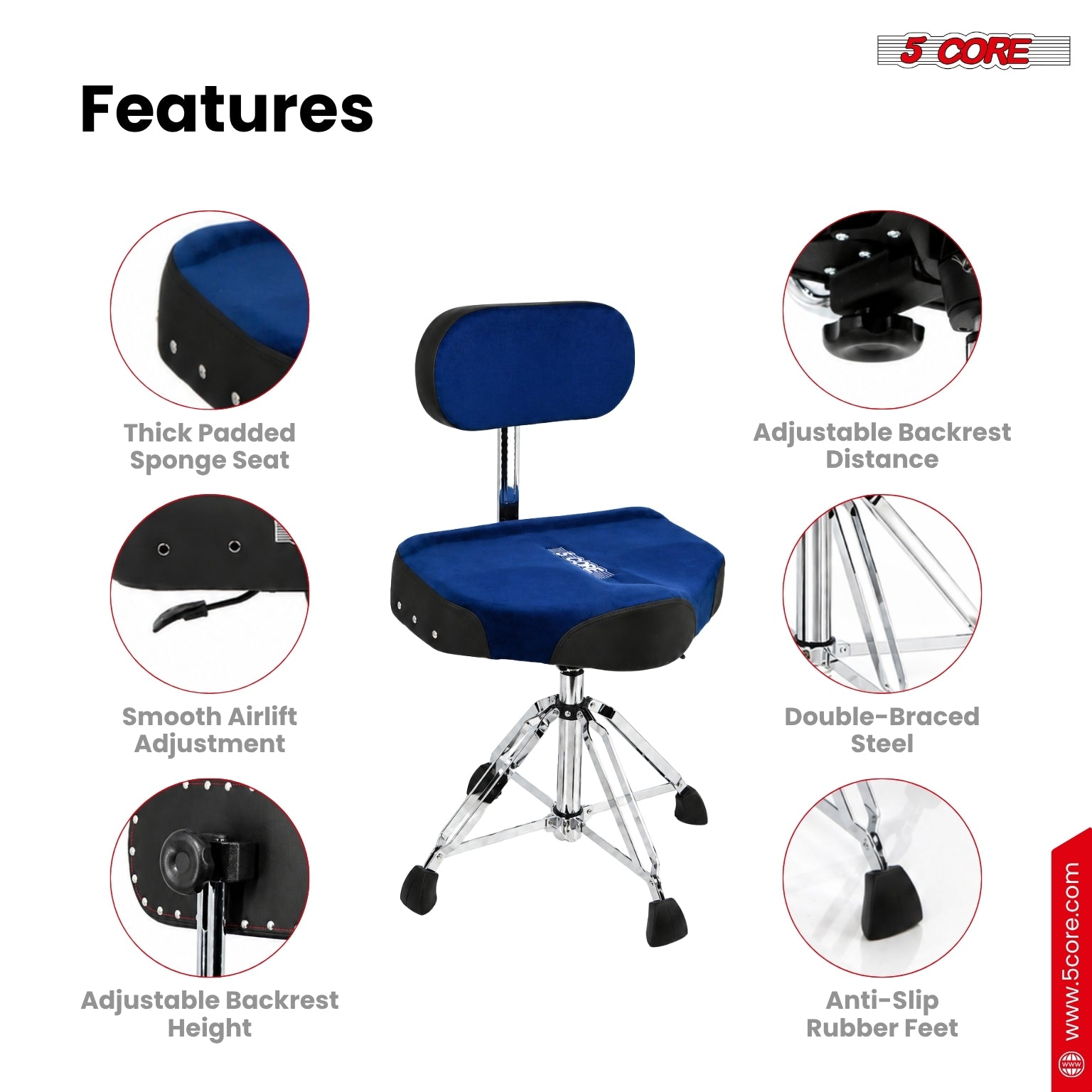 Start2Finish 5 core drum throne with backrest, 4-inch padded seat, airlift adjustable height, ideal for drummers and musicians.