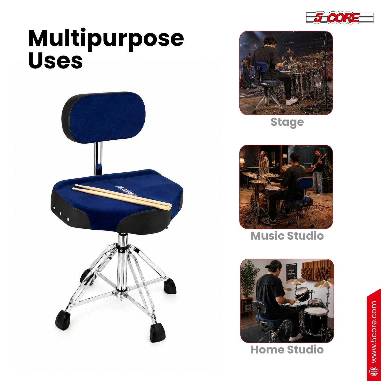 Start2Finish 5 Core Drum Throne with backrest, padded seat, airlift adjustable height, designed for drummers in musical instruments