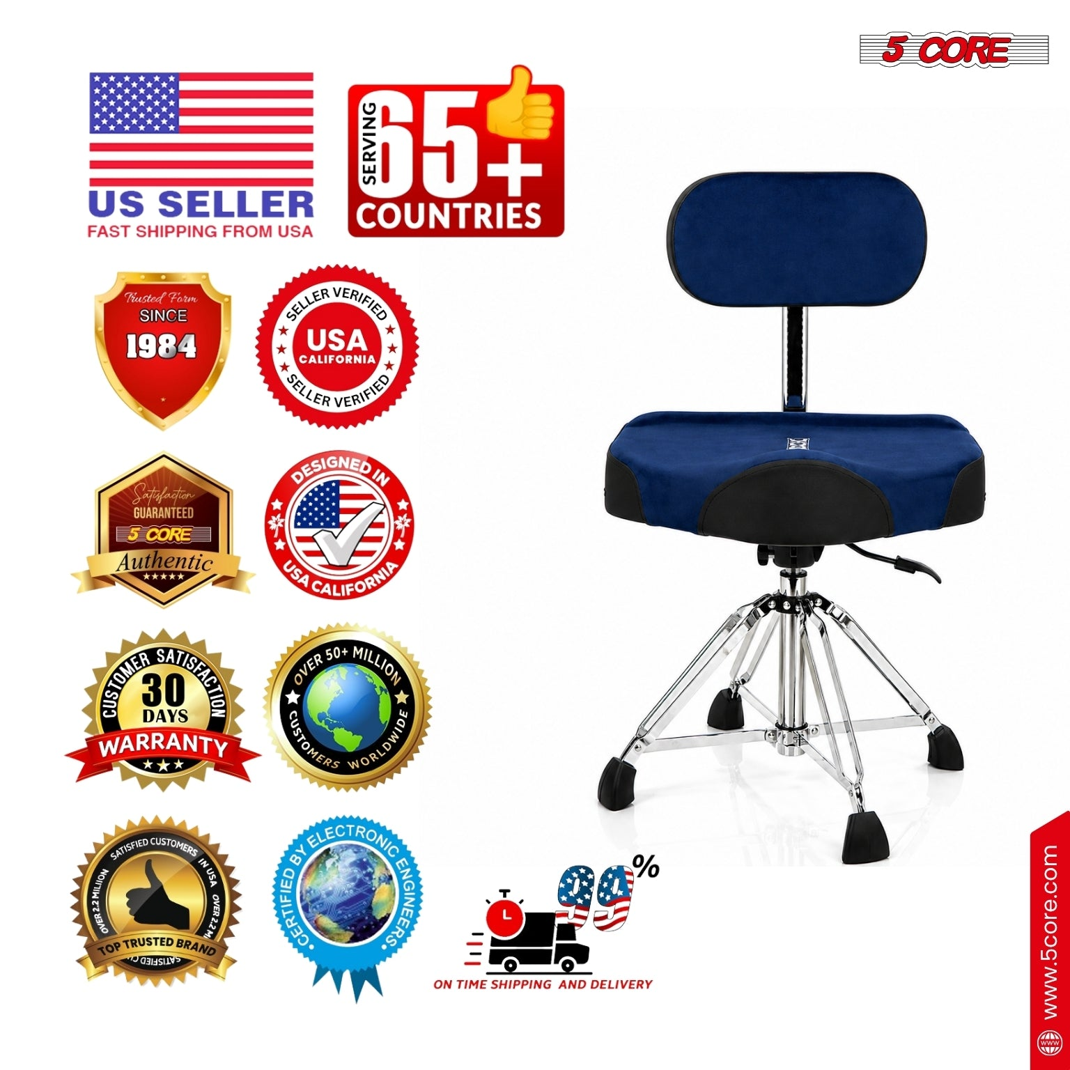 Start2Finish 5 core drum throne with backrest, 4-inch padded seat, airlift adjustable height, ideal for drummers.