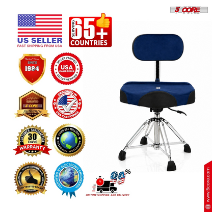 Start2Finish 5 core drum throne with backrest, 4-inch padded seat, airlift adjustable height, ideal for drummers.