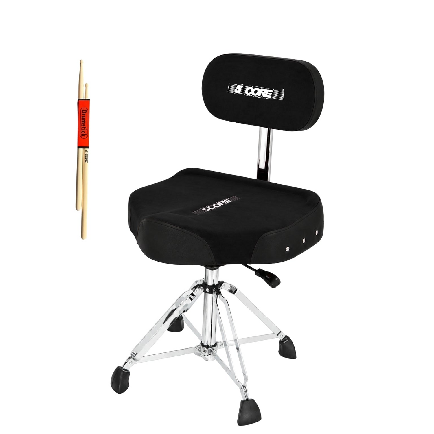 Start2Finish 5 Core Drum Throne with backrest, 4-inch padded seat, airlift adjustable height, for drummers and percussionists.