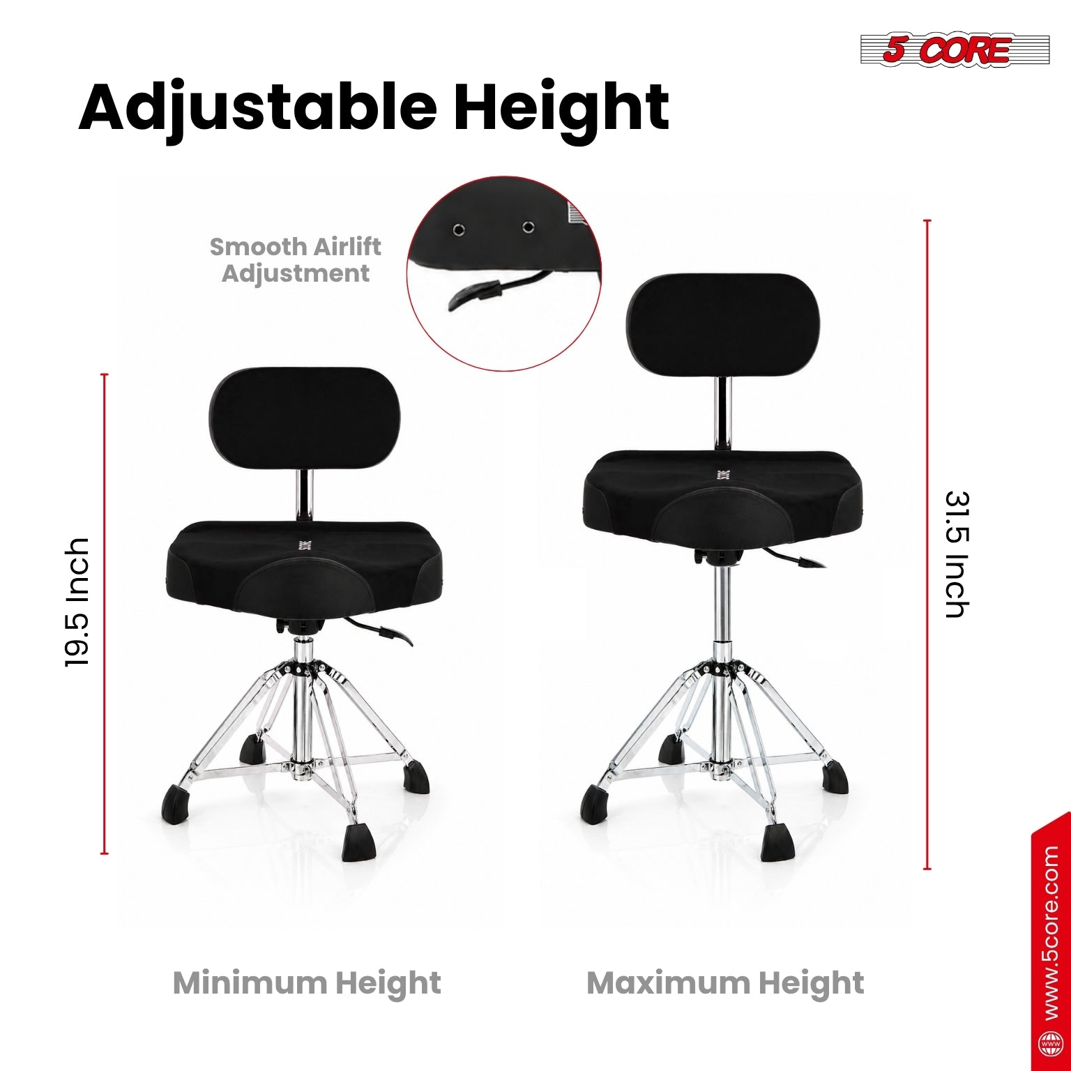 Start2Finish 5 core drum throne with backrest, padded seat, airlift adjustable height, ideal for drummers in musical instruments