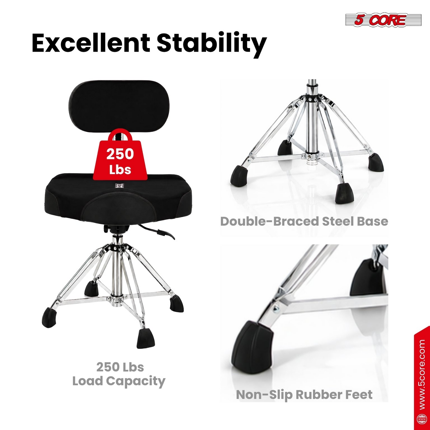 Start2Finish 5 Core Drum Throne with backrest, 4-inch padded seat, airlift adjustable height, designed for drummers and musicians.
