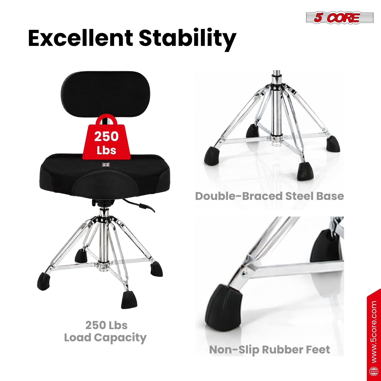 Start2Finish 5 Core Drum Throne with backrest, 4-inch padded seat, airlift adjustable height, designed for drummers and musicians.