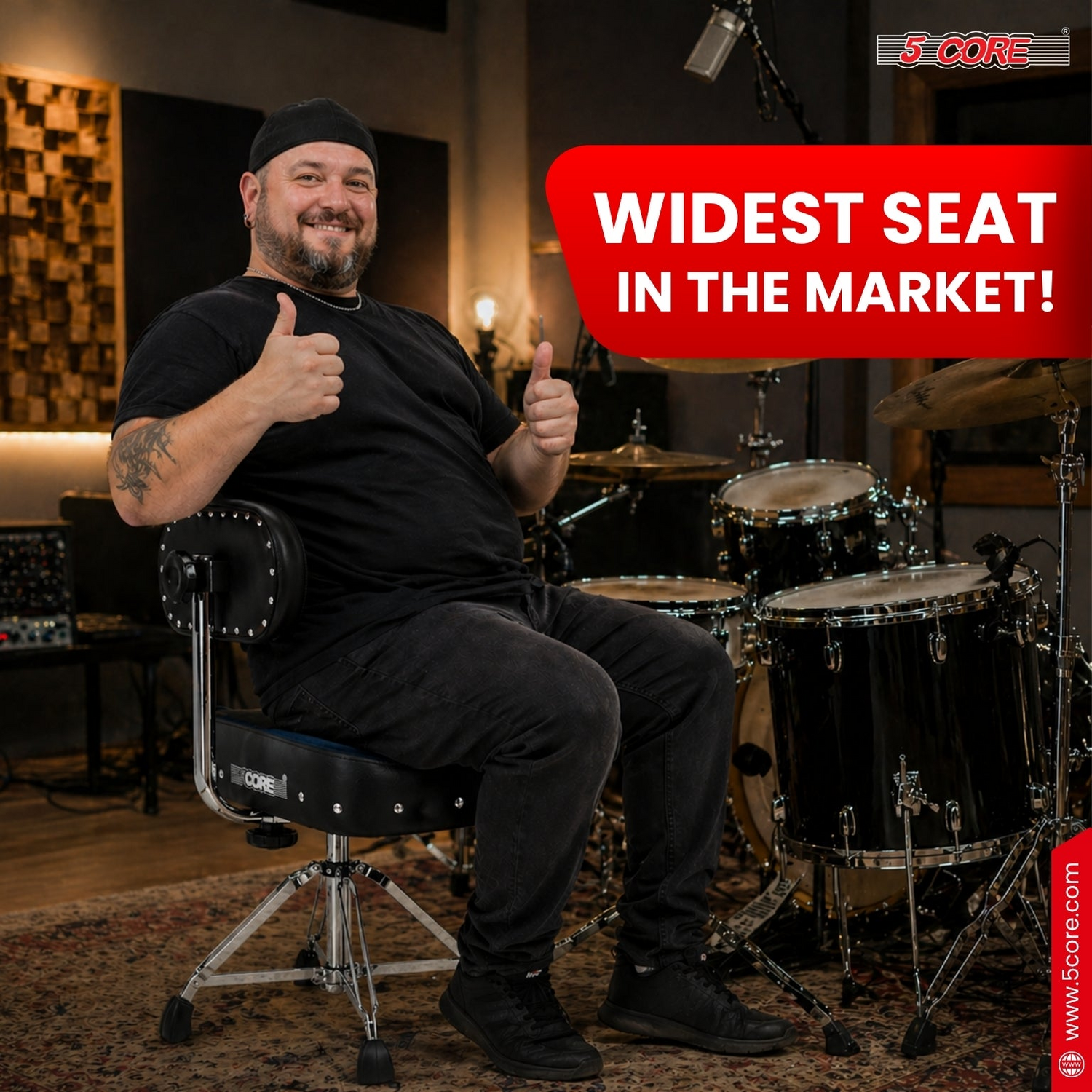 Start2Finish 5 Core Drum Throne with backrest, 4-inch padded seat, airlift adjustable height, ideal for drummers and musicians.
