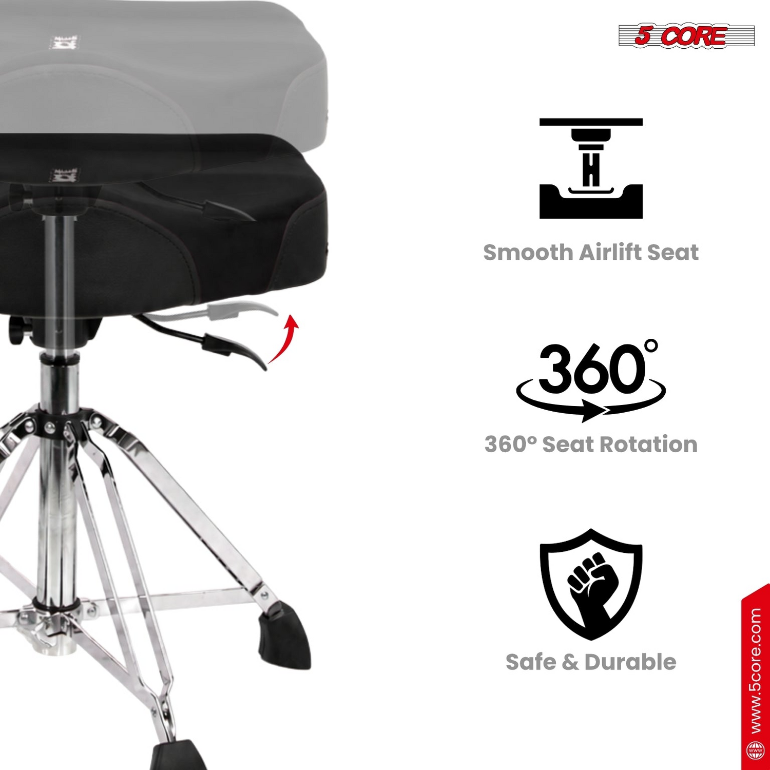 Start2Finish 5 Core Drum Throne with backrest, padded stool, and airlift adjustment for comfortable drumming sessions.