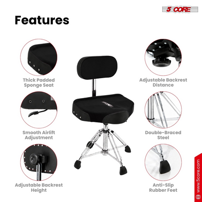 Start2Finish 5 Core Drum Throne with backrest, padded seat, and airlift adjustable height for drummers and musicians.