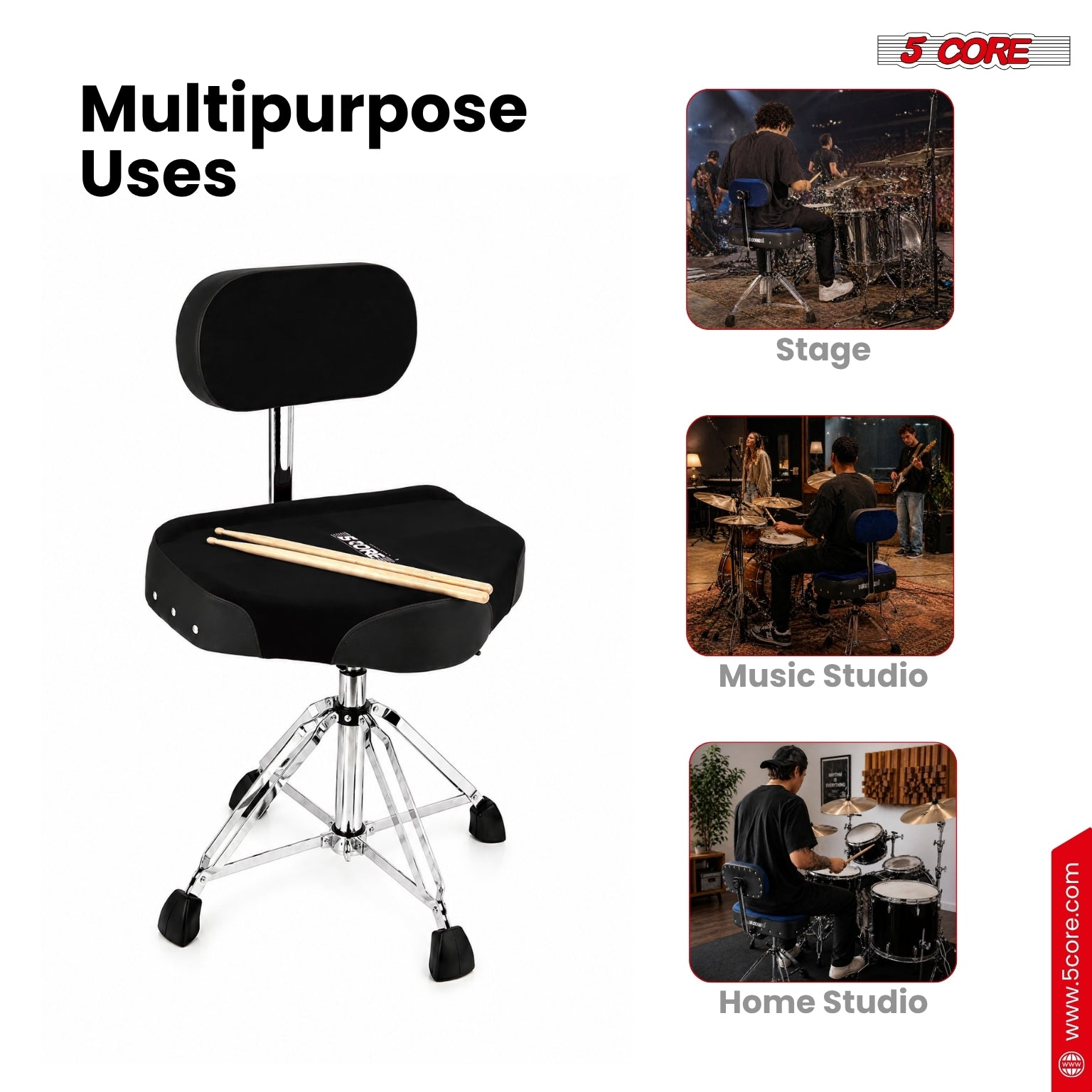 Start2Finish 5 Core Drum Throne with backrest, padded seat, and airlift adjustment for comfortable drumming sessions.